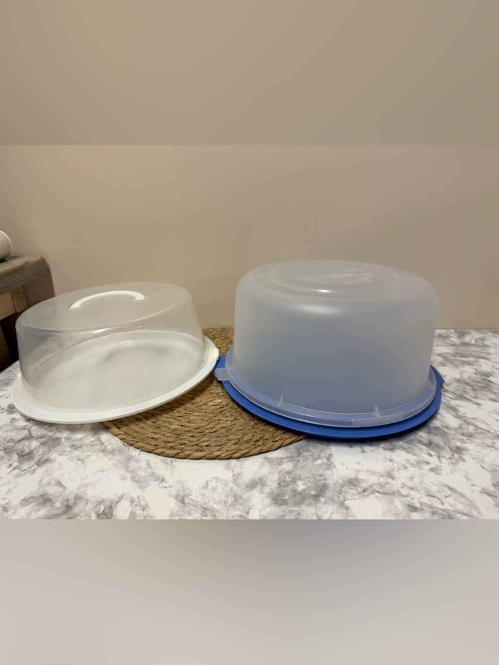 Plastic Cake Carrier with Blue Base and Frosted Lid